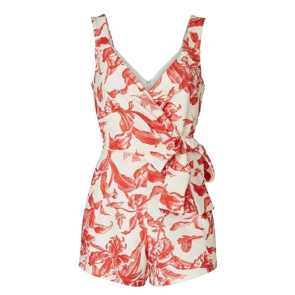 GREAT JONES Coral Red Floral Sleeveless Wrap
Tie Waist V-Neck Romper Playsuit XS - Picture 5 of 5